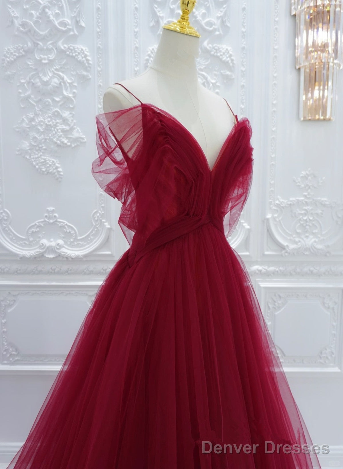 Wine Red Tulle V-Neckline Long Party Dress, Wine Red Tulle Prom Dress Secondary image