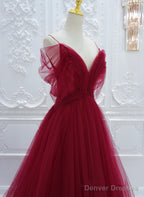 Wine Red Tulle V-Neckline Long Party Dress, Wine Red Tulle Prom Dress