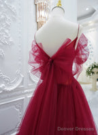 Wine Red Tulle V-Neckline Long Party Dress, Wine Red Tulle Prom Dress