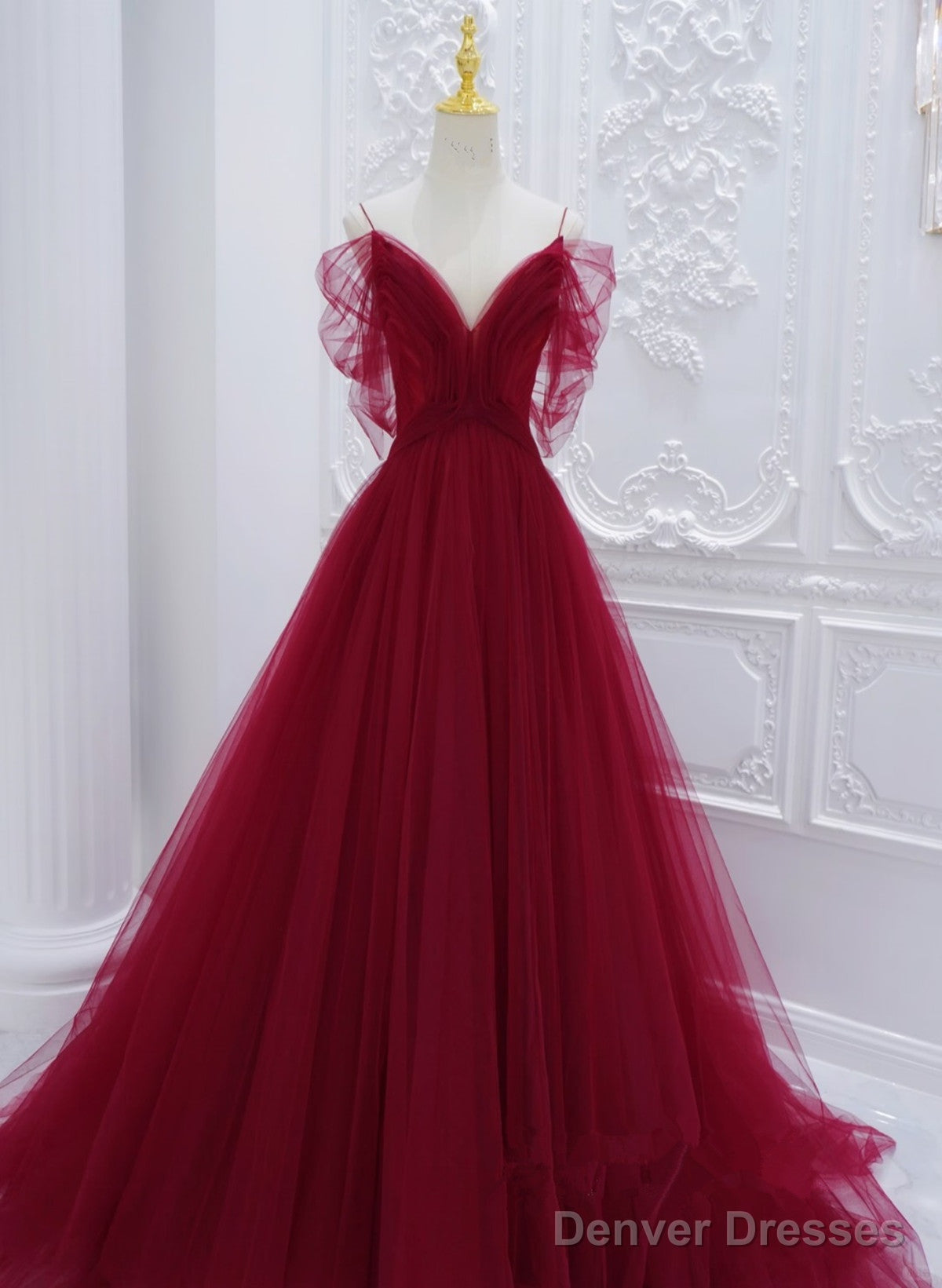 Wine Red Tulle V-Neckline Long Party Dress, Wine Red Tulle Prom Dress Main image