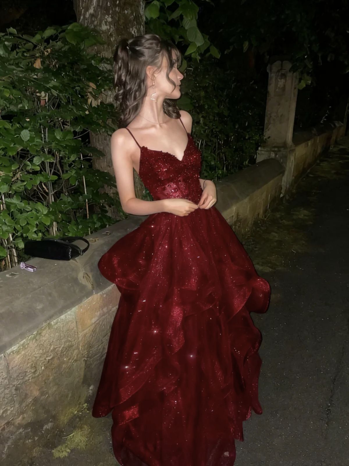 Wine Red Tulle V-Neckline With Lace Applique Prom Dress, WIne Red Long Formal Dress Secondary image