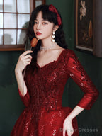 Wine Red Tulle With Lace A-Line Beaded Long Party Dress, Wine Red Evening Dress