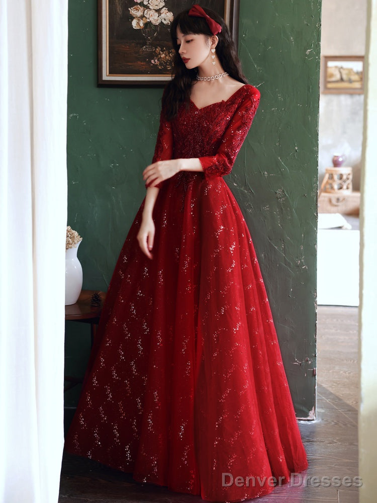 Wine Red Tulle With Lace A-Line Beaded Long Party Dress, Wine Red Evening Dress