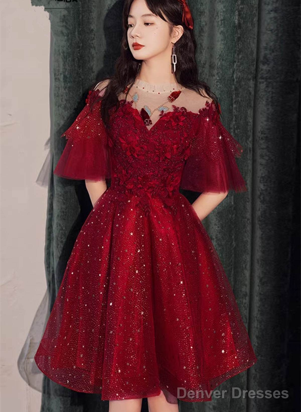 Wine Red Tulle With Lace High Neckline Homecoming Dress, Wine Red Short Prom Dress Main image