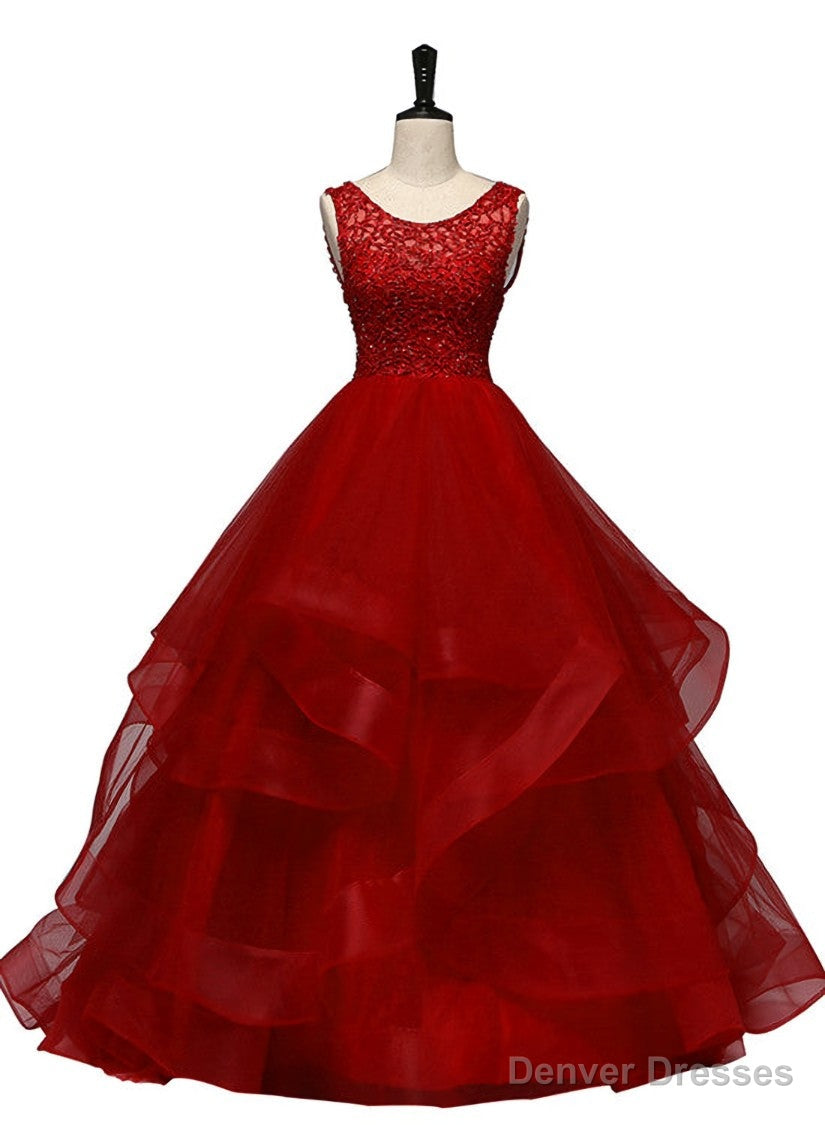 Wine Red Tulle with Lace Layers Ball Gown Sweet 16 Dress, Long Formal Dress Prom Dress Secondary image