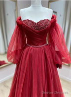 Wine Red Tulle With Puffy Sleeves Long Party Dress, Wine Red Prom Dress