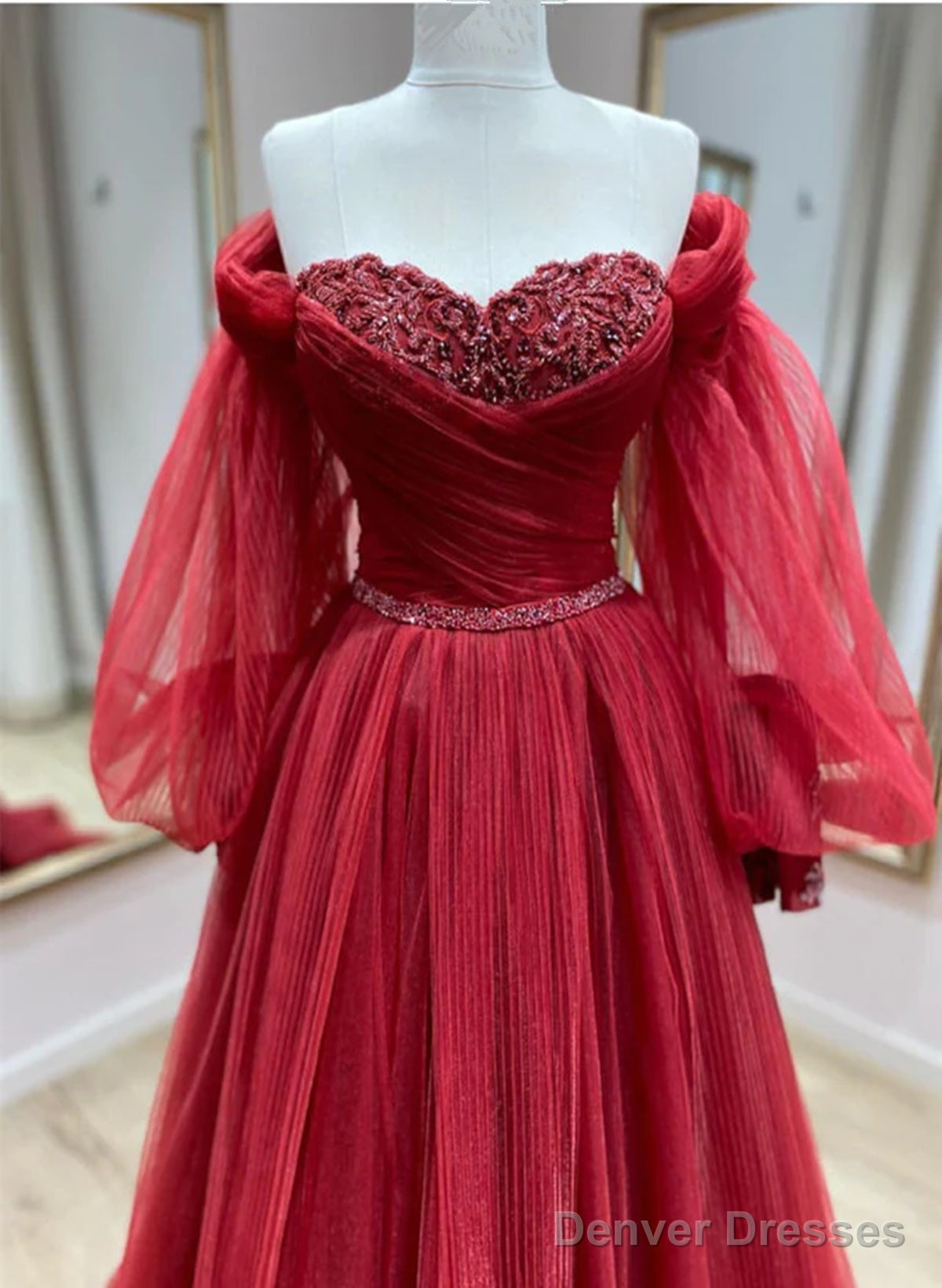 Wine Red Tulle With Puffy Sleeves Long Party Dress, Wine Red Prom Dress