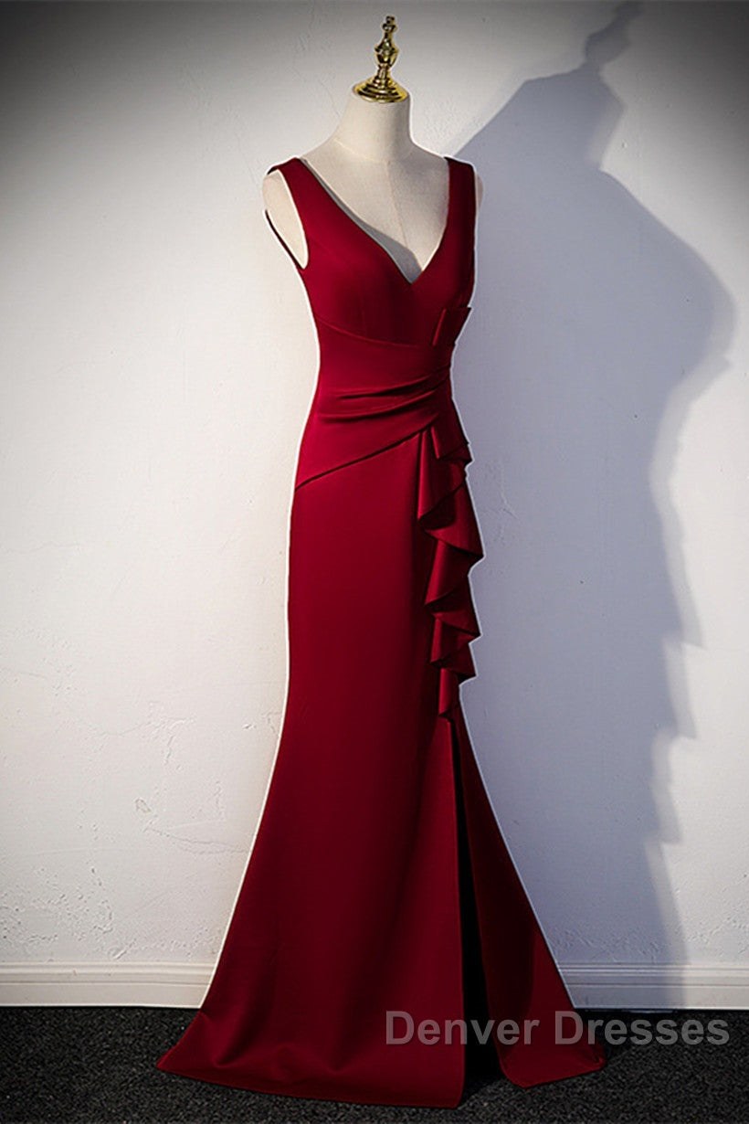 Wine Red V-Neckline Mermaid Long Party Dress With Leg Slit, Wine Red Prom Dress Secondary image