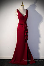 Wine Red V-Neckline Mermaid Long Party Dress With Leg Slit, Wine Red Prom Dress