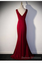 Wine Red V-Neckline Mermaid Long Party Dress With Leg Slit, Wine Red Prom Dress