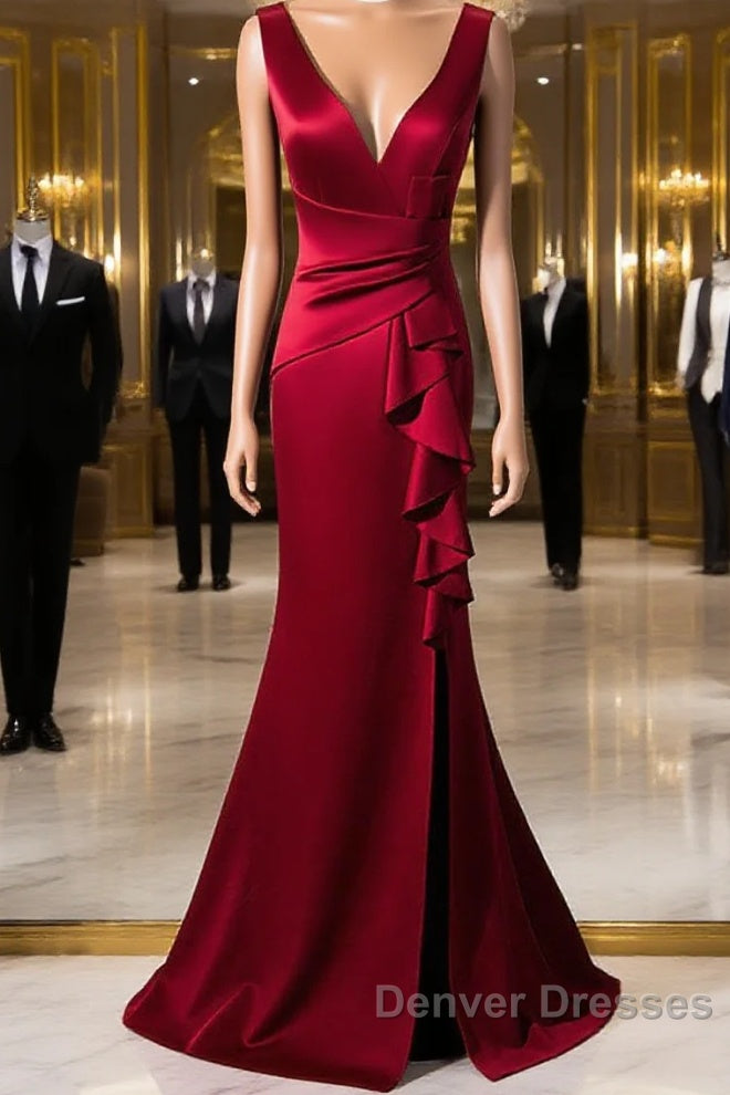 Wine Red V-Neckline Mermaid Long Party Dress With Leg Slit, Wine Red Prom Dress Main image