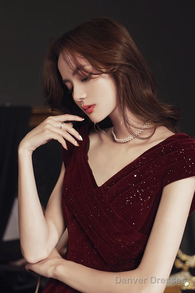 Wine Red V-Neckline Velvet Long Party Dress, Floor Length Prom Dress