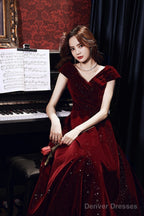 Wine Red V-Neckline Velvet Long Party Dress, Floor Length Prom Dress
