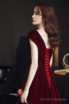 Wine Red V-Neckline Velvet Long Party Dress, Floor Length Prom Dress