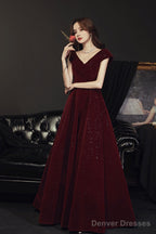 Wine Red V-Neckline Velvet Long Party Dress, Floor Length Prom Dress