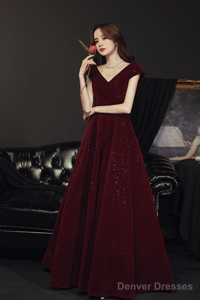 Wine Red V-Neckline Velvet Long Party Dress, Floor Length Prom Dress