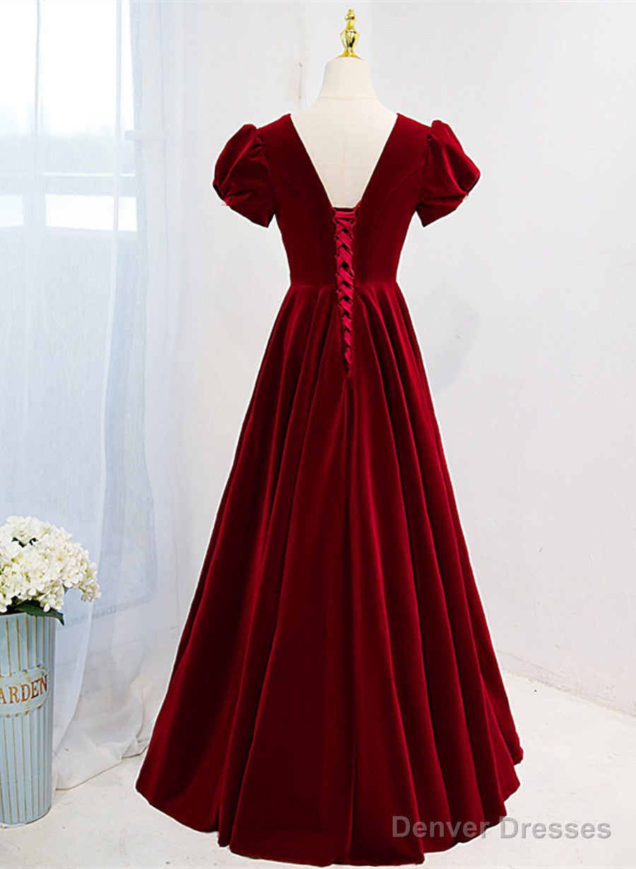 Wine Red V-neckline Velvet Prom Dress Party Dress, A-line Wedding Party Dress