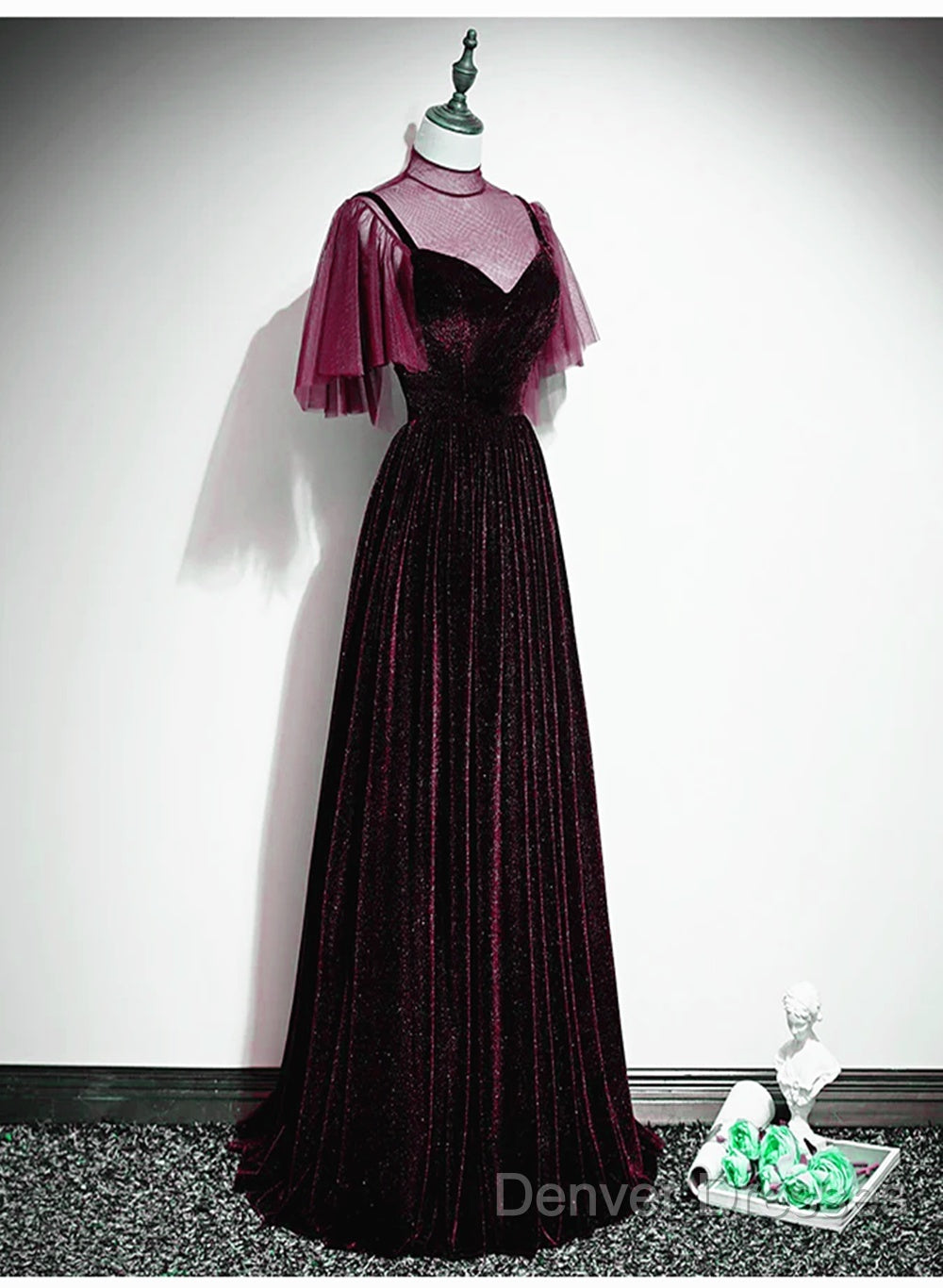 Wine Red Velvet A-Line Long High Neckline Party Dress, Wine Red Long Bridesmaid Dress Secondary image