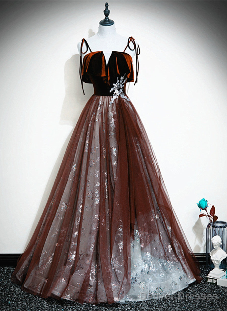 Wine Red Velvet and Tulle Straps Party Dress, A-line Tulle Formal Dress Main image