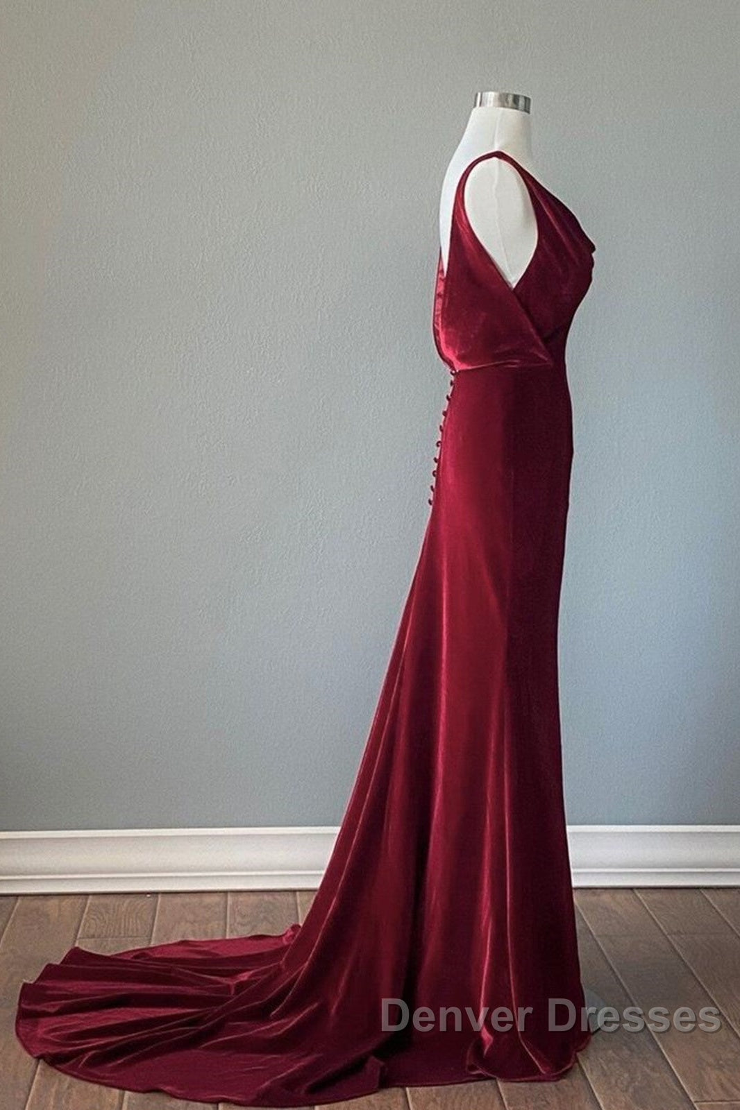 Wine Red Velvet Backless Straps Prom Dress, Wine Red Velvet Party Dress Secondary image