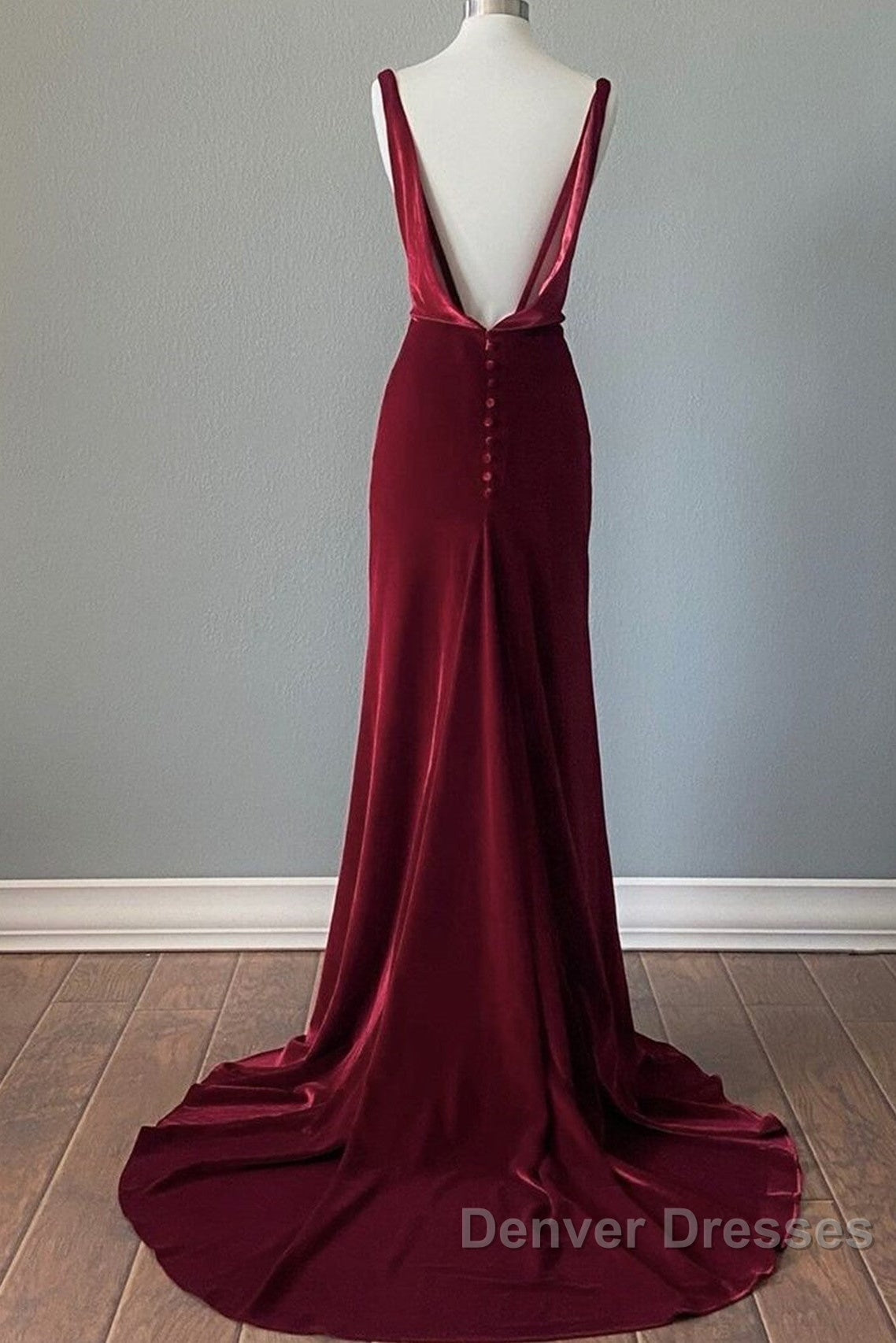 Wine Red Velvet Backless Straps Prom Dress, Wine Red Velvet Party Dress