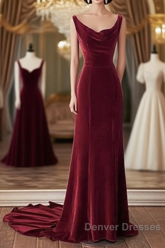 Wine Red Velvet Backless Straps Prom Dress, Wine Red Velvet Party Dress