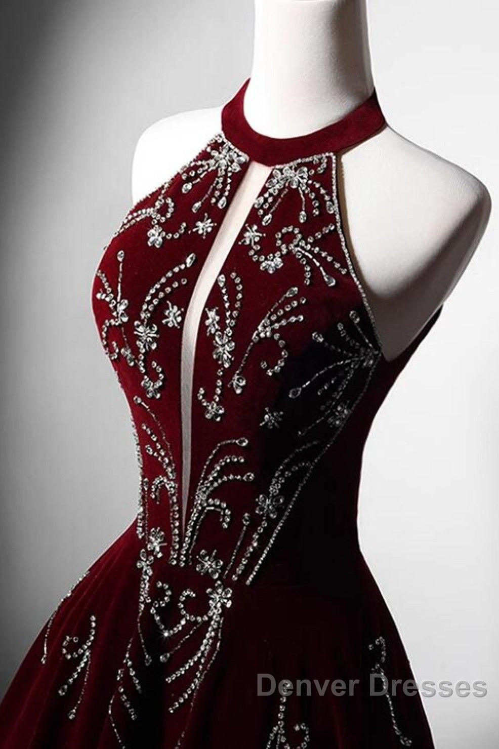 Wine Red Velvet Beaded Halter Long Formal Dress, A-Line Velvet Prom Dress Secondary image