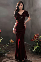 Wine Red Velvet Beaded Short Sleeves Long Party Dress, Wine Red Mermaid Prom Dress
