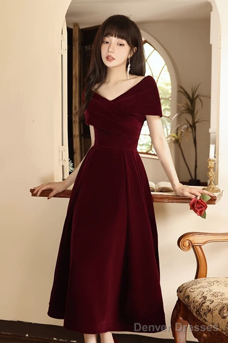 Wine Red Velvet Chic Tea Length, Wine Red Off Shoulder Wedding Party Dress Secondary image