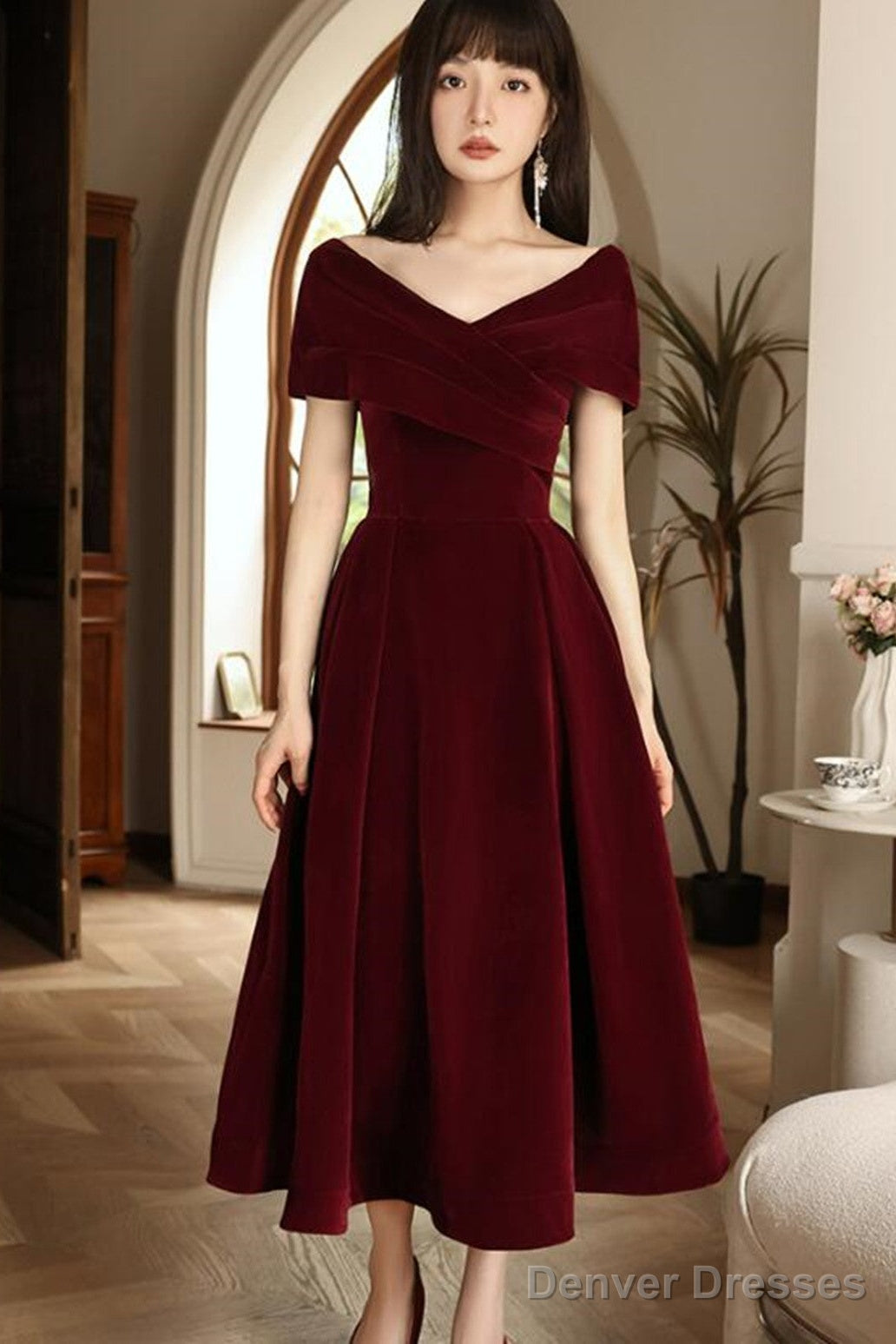 Wine Red Velvet Chic Tea Length, Wine Red Off Shoulder Wedding Party Dress