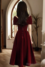 Wine Red Velvet Chic Tea Length, Wine Red Off Shoulder Wedding Party Dress
