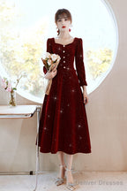 Wine Red Velvet Elegant Tea Length Bridesmaid Dress, Wine Red Homecoming Dress