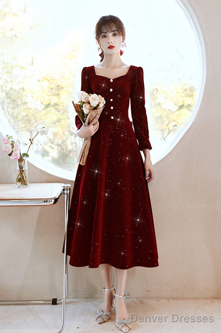 Wine Red Velvet Elegant Tea Length Bridesmaid Dress, Wine Red Homecoming Dress