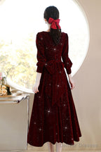 Wine Red Velvet Elegant Tea Length Bridesmaid Dress, Wine Red Homecoming Dress