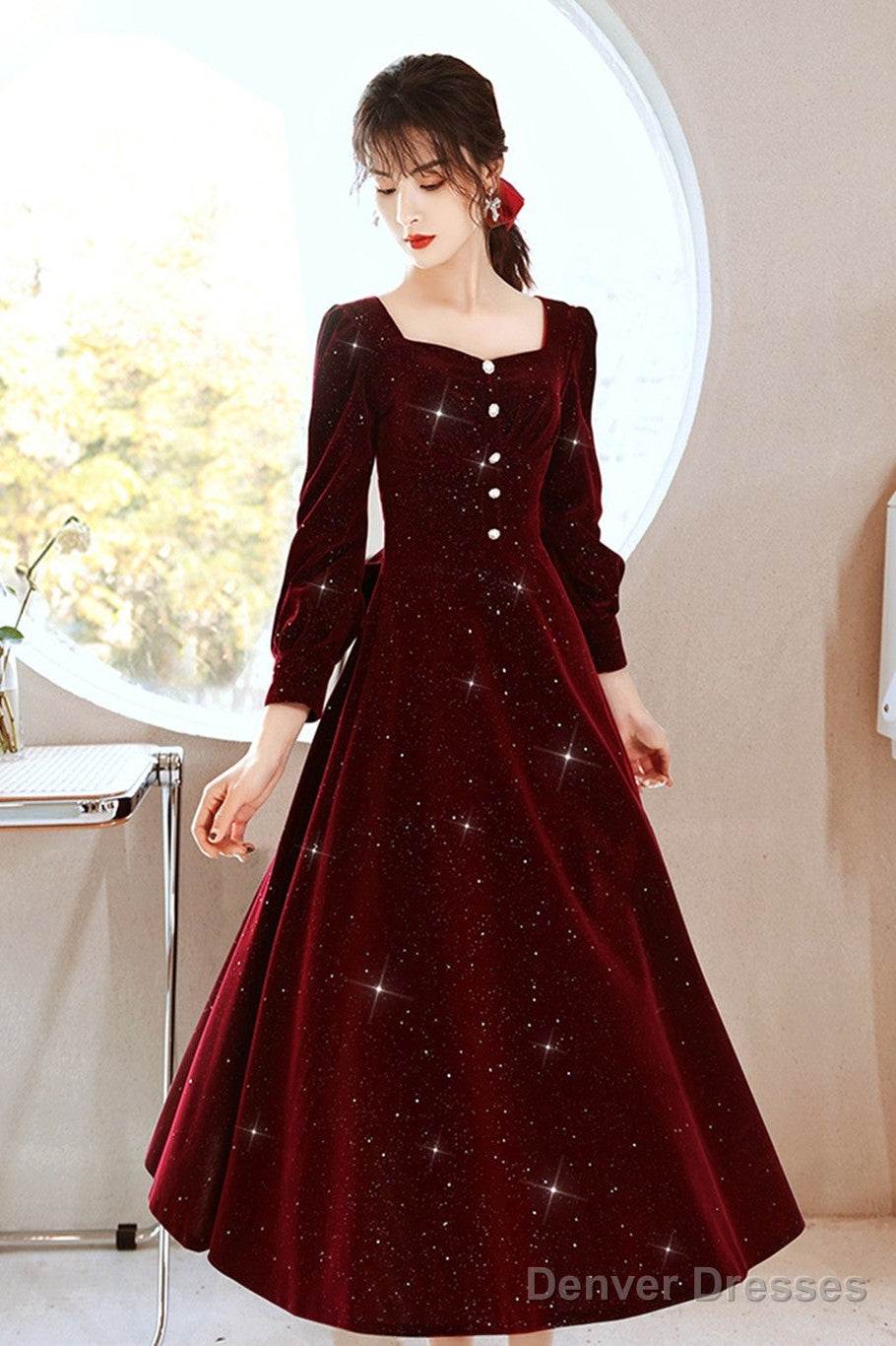 Wine Red Velvet Elegant Tea Length Bridesmaid Dress, Wine Red Homecoming Dress Main image