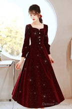 Wine Red Velvet Elegant Tea Length Bridesmaid Dress, Wine Red Homecoming Dress