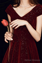 Wine Red Velvet Floor Length A-Line Prom Dress, Wine Red Wedding Party Dress