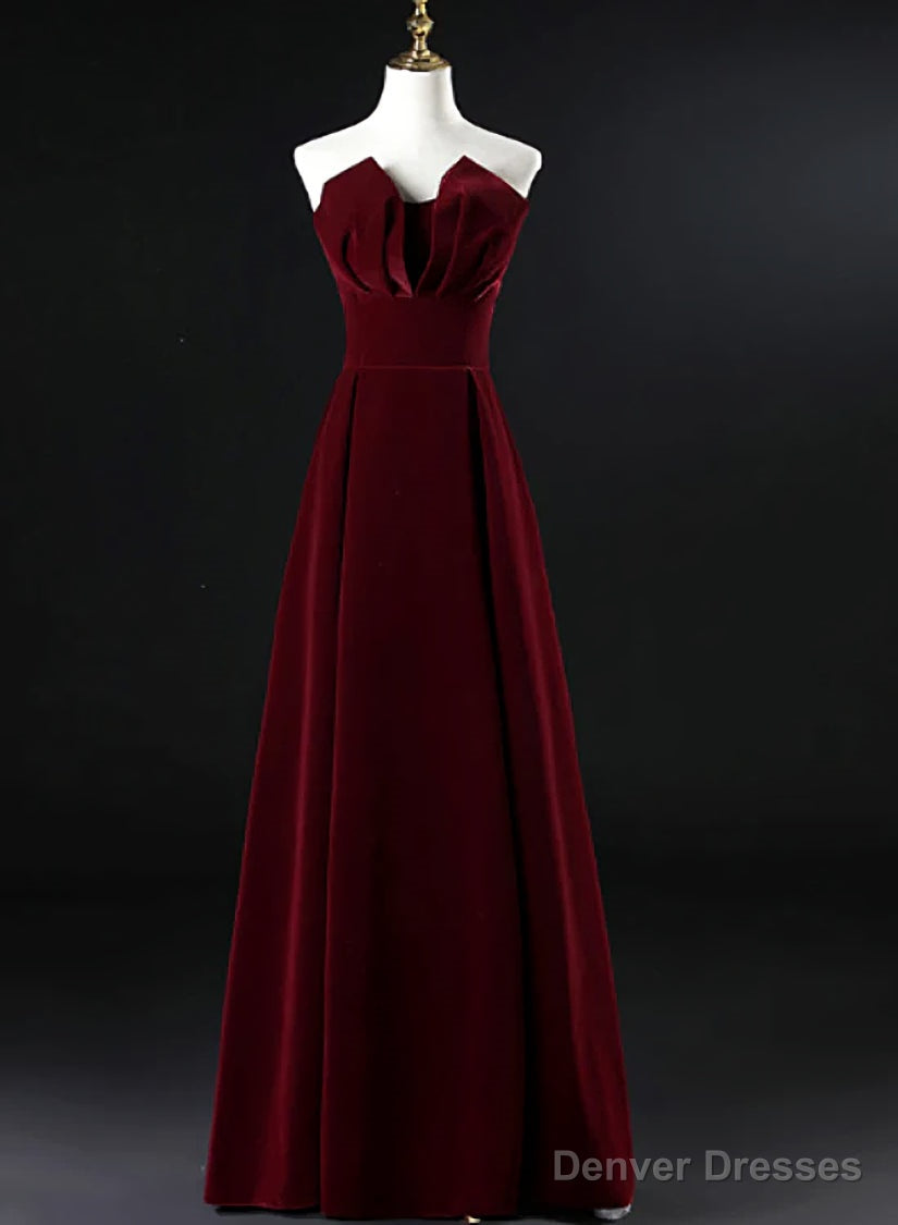 Wine Red Velvet Floor Length Long Prom Dress, Dark Red Party Dress