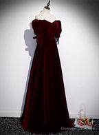 Wine Red Velvet Floor Length Short Sleeves Party Dress, A-line Wine Red Bridesmaid Dress