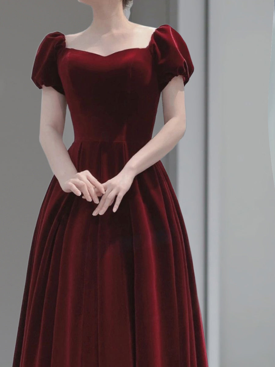 Wine Red Velvet Floor Length Wedding Party Dress, Short Sleeves Prom Dress Secondary image