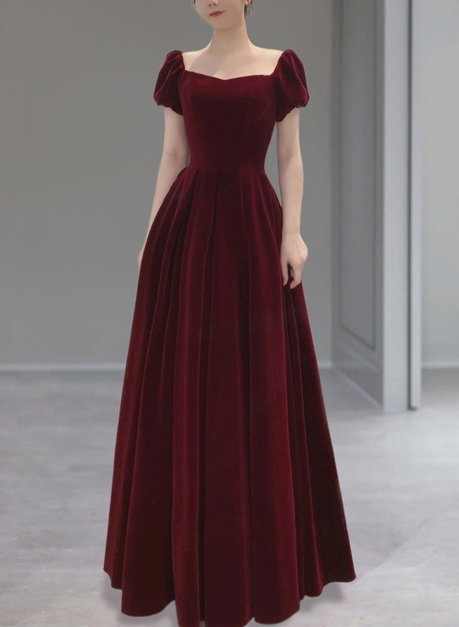 Wine Red Velvet Floor Length Wedding Party Dress, Short Sleeves Prom Dress Main image