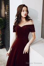 Wine Red Velvet Long A-Line Bridesmaid Dress, Wine Red Prom Dresses