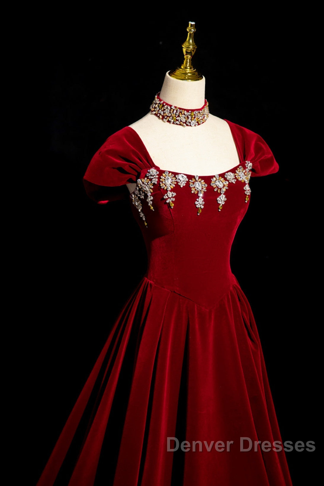 Wine Red Velvet Long Formal Dress With Beadings, Wine Red Prom Dress Secondary image