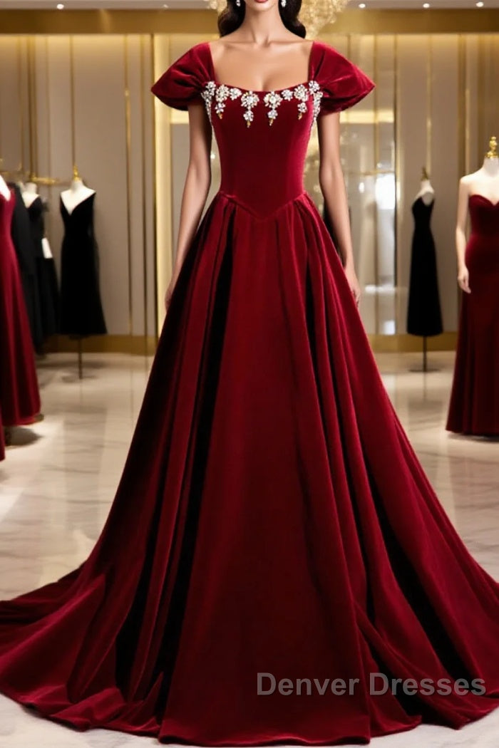 Wine Red Velvet Long Formal Dress With Beadings, Wine Red Prom Dress Main image