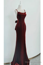 Wine Red Velvet Long Party Dress, Mermaid Open Back Long Prom Dress