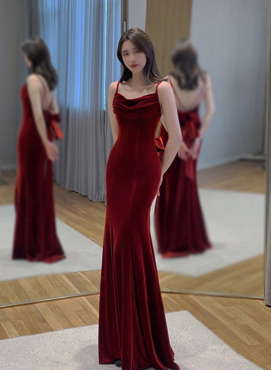 Wine Red Velvet Long Party Dress, Mermaid Open Back Long Prom Dress Main image