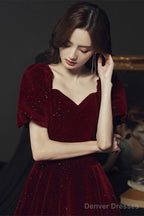 Wine Red Velvet Long Party Dress, Off Shoulder A-Line Long Prom Dress