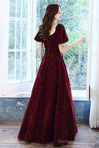 Wine Red Velvet Long Party Dress, Off Shoulder A-Line Long Prom Dress