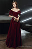 Wine Red Velvet Long Party Dress, Off Shoulder A-Line Long Prom Dress