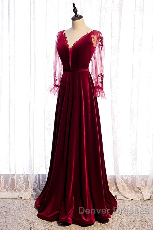 Wine Red Velvet Long Party Dress Prom Dress, A-Line Long Sleeves Formal Dress Secondary image